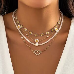 Gold and White Daisy Layered Necklace Set